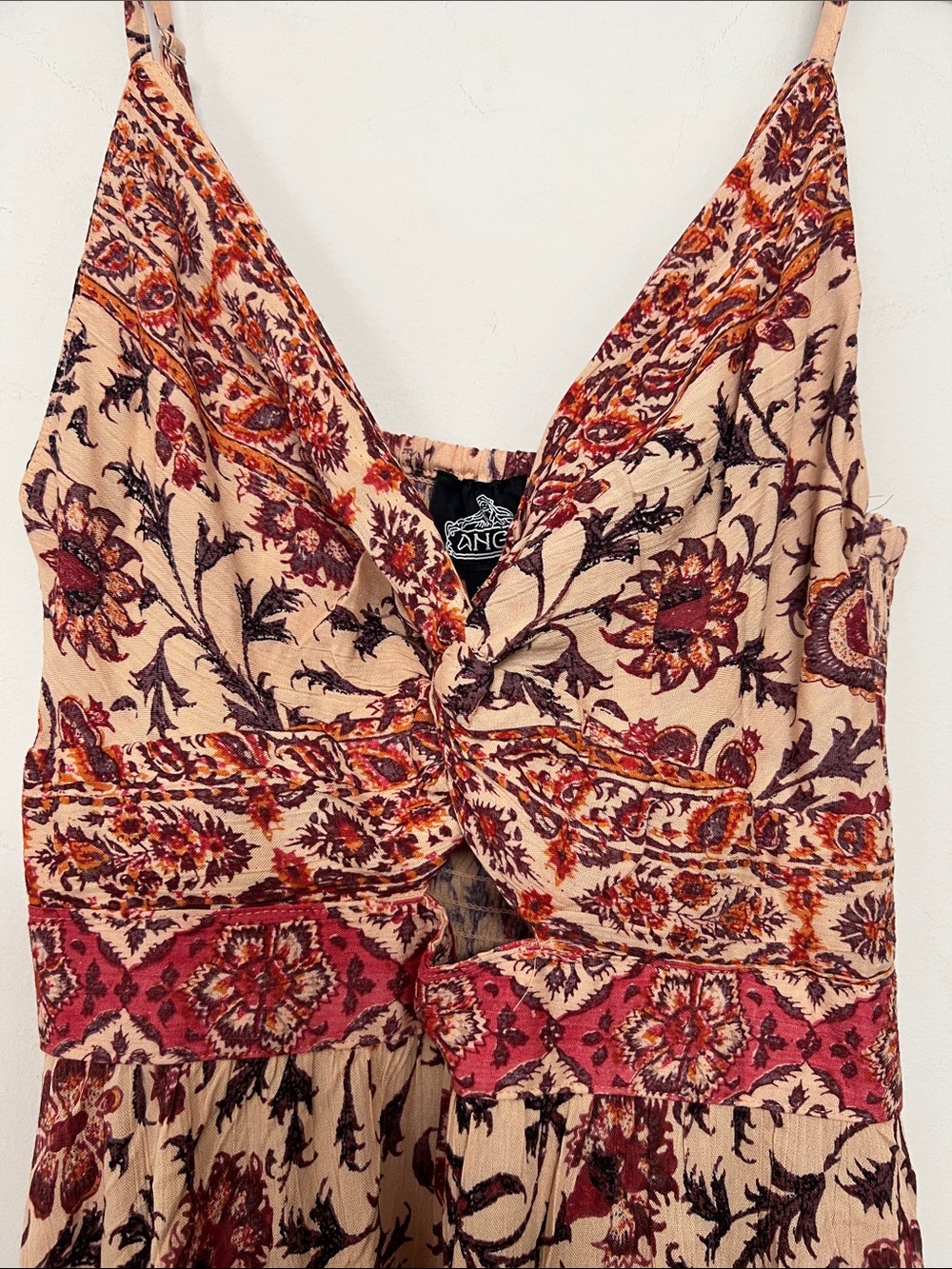 🌞 Angie Bohemian Peach & Burgundy Floral Print spagetti strin maxi dress women S - Picture 11 of 16